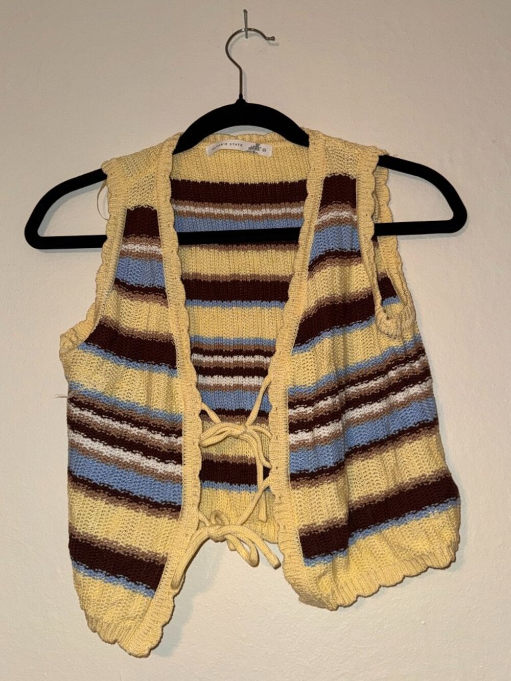 Grand State Striped Tie Front Knit Sweater Vest Yellow Blue Brown